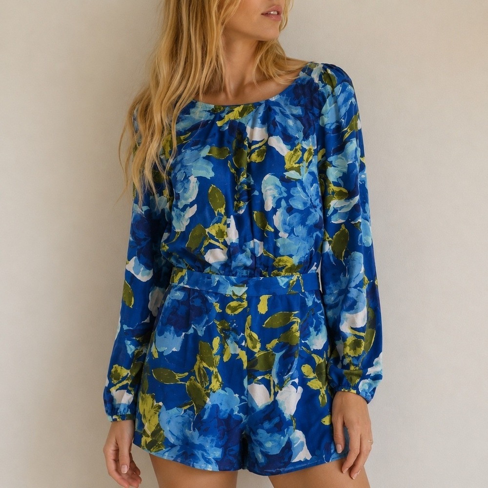 Lulus Sweetest Song Blue Floral Print Backless Long Sleeve‎ Romper Small Cottage